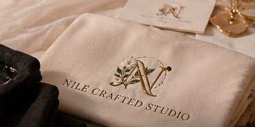 Folded apparel embroidered with the Nile Crafted Studio logo
