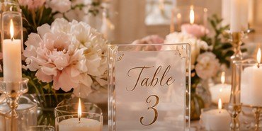 Acrylic table number sign among candles and peonies