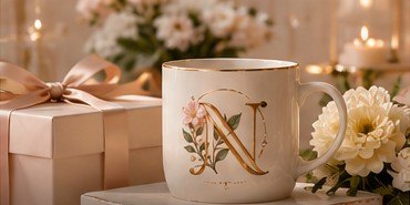 Monogrammed mug beside a ribbon-tied gift box