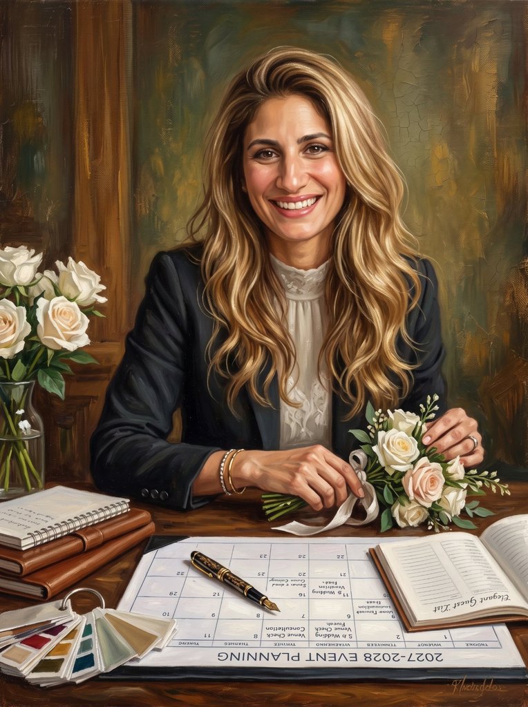 Oil portrait of Randa, founder of Nile Crafted Studio, at her planning desk with white roses and a fountain pen